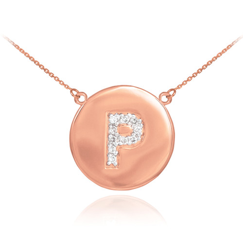 14k Rose Gold Letter "P" Initial Diamond Disc Necklace