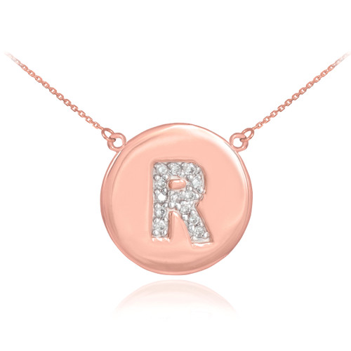 14k Rose Gold Letter "R" Initial Diamond Disc Necklace