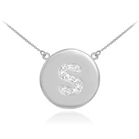 14k White Gold Letter "S" Initial Diamond Disc Necklace