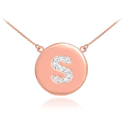 14k Rose Gold Letter "S" Initial Diamond Disc Necklace