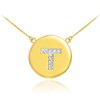 14k Gold Letter "T" Initial Diamond Disc Necklace