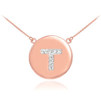 14k Rose Gold Letter "T" Initial Diamond Disc Necklace