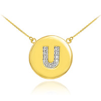 14k Gold Letter "U" Initial Diamond Disc Necklace