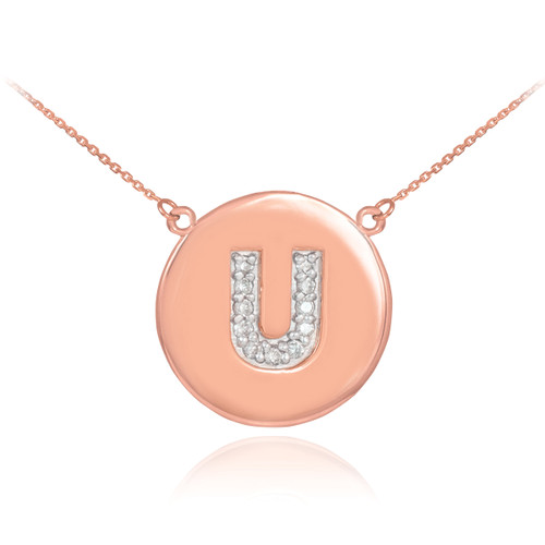 14k Rose Gold Letter "U" Initial Diamond Disc Necklace