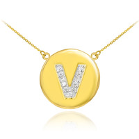 14k Gold Letter "V" Initial Diamond Disc Necklace