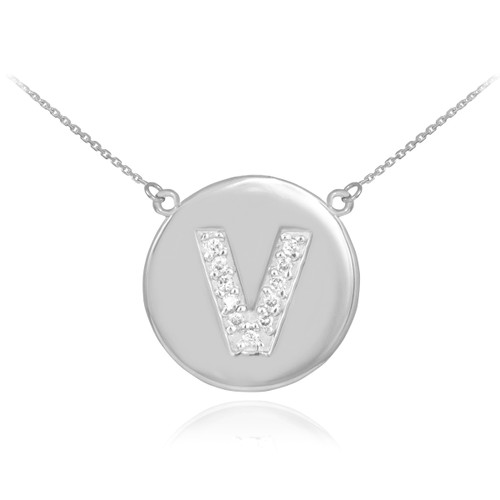 14k White Gold Letter "V" Initial Diamond Disc Necklace