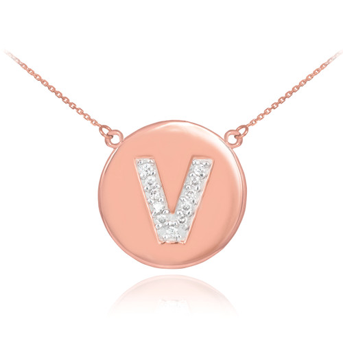 14k Rose Gold Letter "V" Initial Diamond Disc Necklace