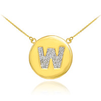 14k Gold Letter "W" Initial Diamond Disc Necklace