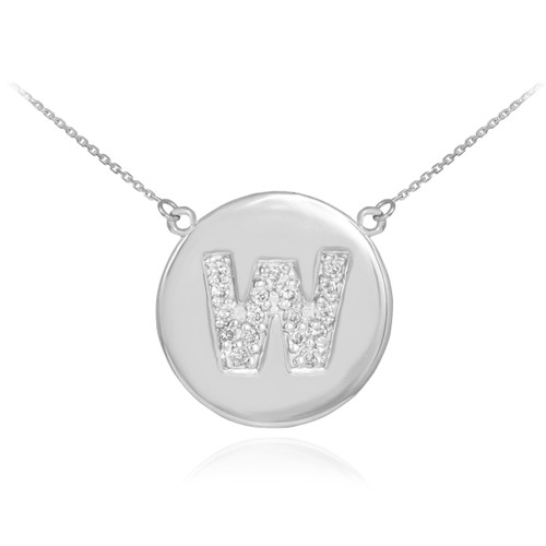 14k White Gold Letter "W" Initial Diamond Disc Necklace