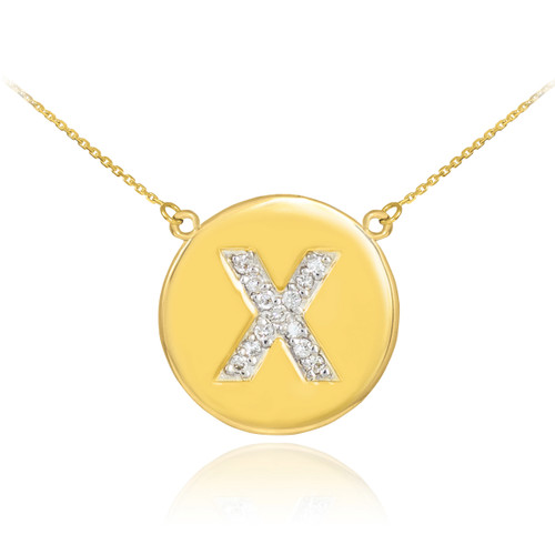 14k Gold Letter "X" Initial Diamond Disc Necklace