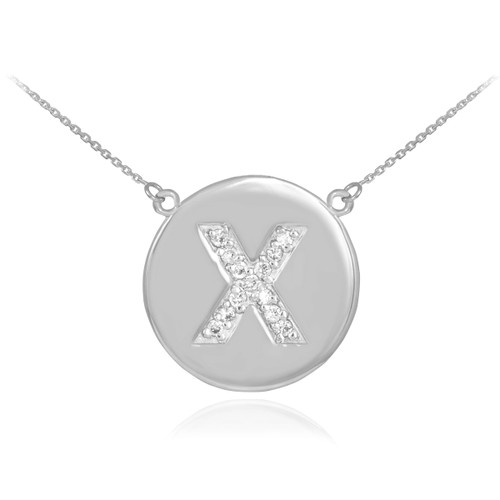 14k White Gold Letter "X" Initial Diamond Disc Necklace