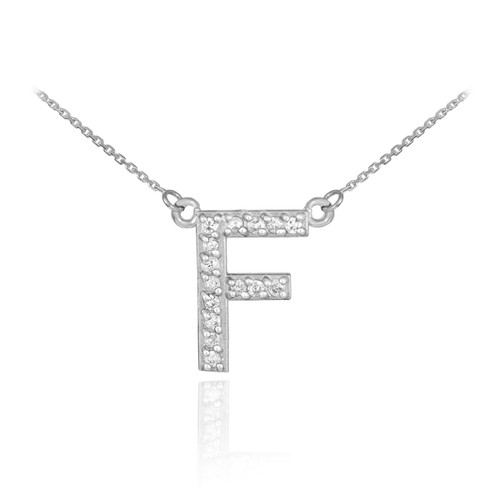 14k White Gold Letter "F" Diamond Initial Necklace