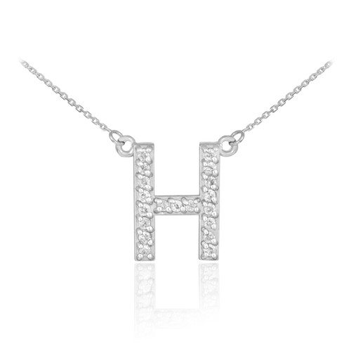 14k White Gold Letter "H" Diamond Initial Necklace