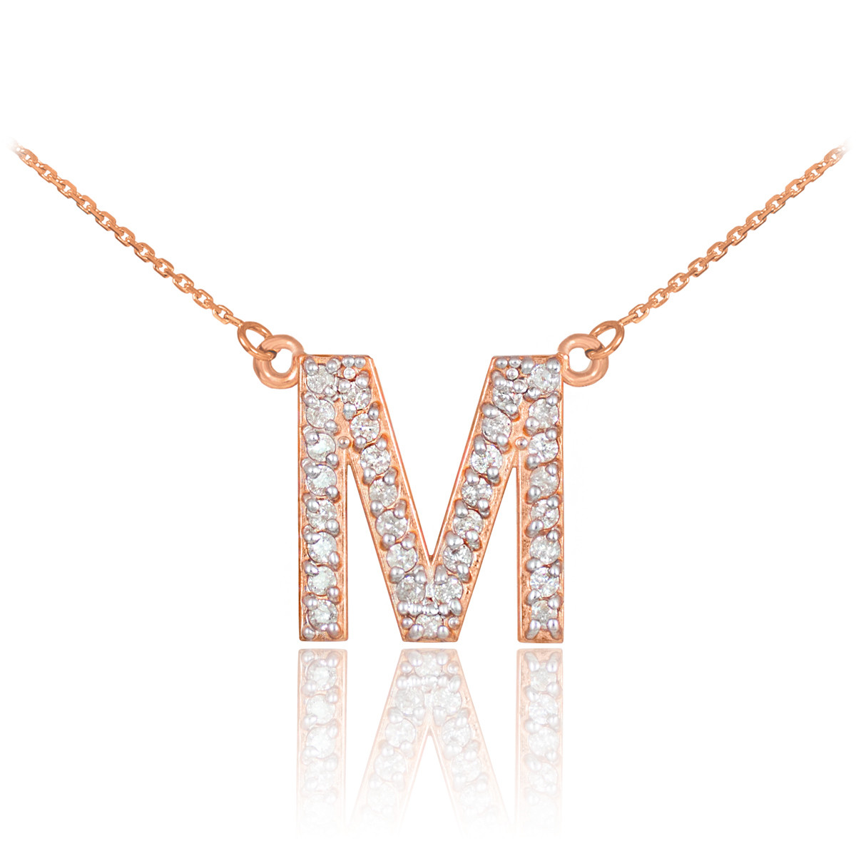 14k Rose Gold Letter &quot;M&quot; Initial Diamond Monogram Necklace