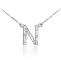 14k White Gold Letter "N" Diamond Initial Monogram Necklace
