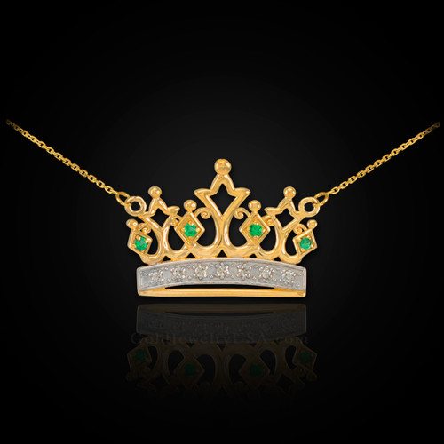 14K Gold Royal Crown Necklace with Emeralds & Diamonds