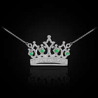 14K White Gold Royal Crown Necklace with Emeralds & Diamonds