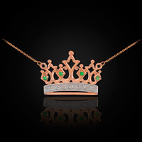 14K Rose Gold Quinceanera Crown Necklace with Emeralds & Diamonds