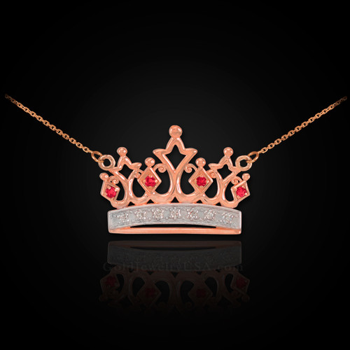 14K Rose Gold Crown Necklace with Ruby & Diamonds