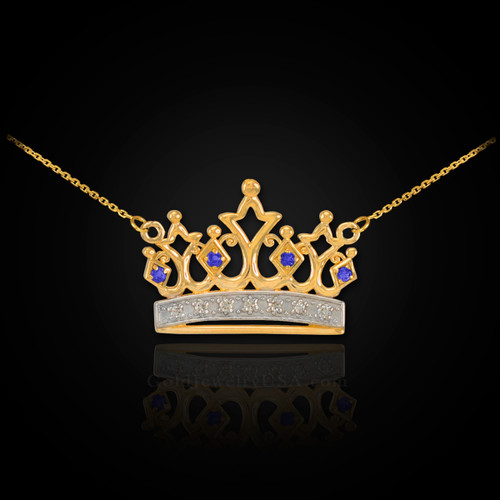 14K Gold Quinceanera Crown Necklace with Blue Sapphires & Diamonds