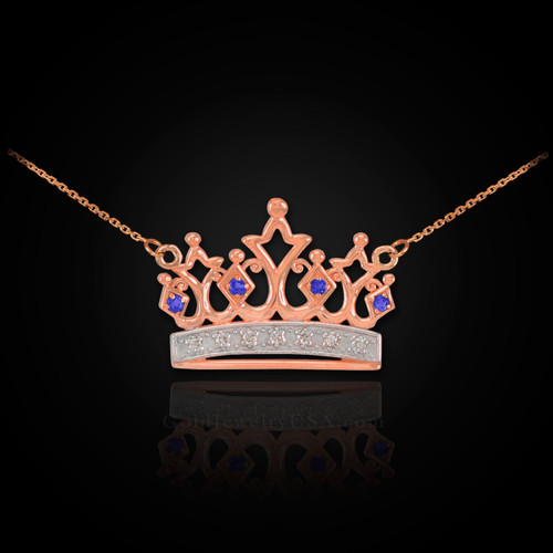 Rose Gold 15 Años Crown Necklace with Blue Sapphires & Diamonds