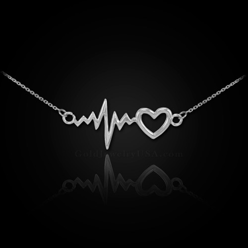 14K White Gold Heartbeat Pulse & Heart Necklace