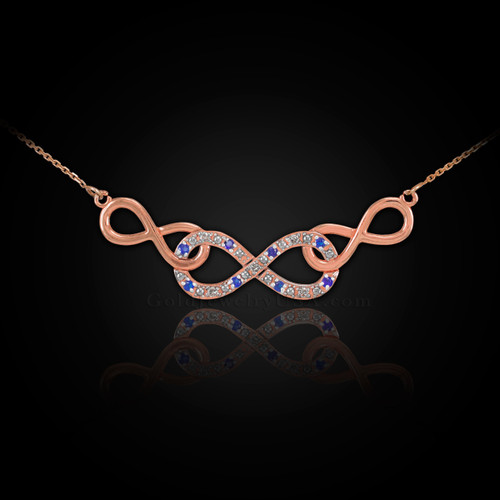 Rose Gold Triple Infinity Diamond Necklace with Blue Sapphire