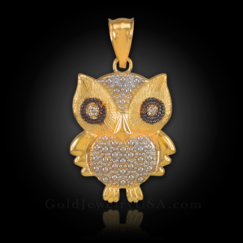 Gold owl charm diamond pendant