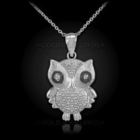 White Gold Owl Charm Pendant Necklace with Diamonds