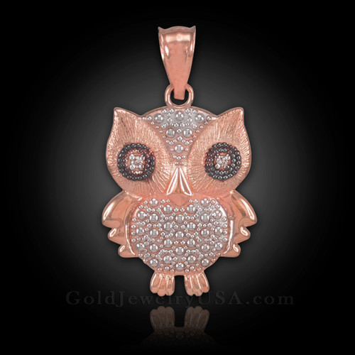 Rose gold owl charm pendant with diamonds.