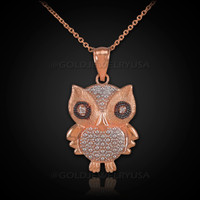 Rose Gold Owl Charm Pendant Necklace with Diamonds