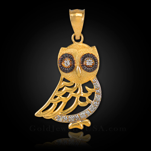 Gold Bohemian Owl Diamond Charm Pendant
