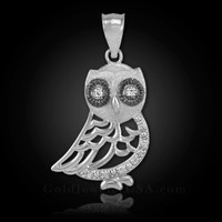 White Gold Bohemian Owl Diamond Charm Pendant