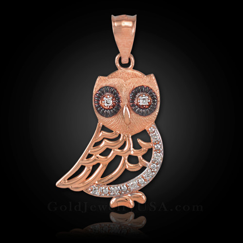 Rose Gold Bohemian Owl Diamond Pendant