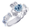 White Gold Aquamarine Diamond Claddagh Ring