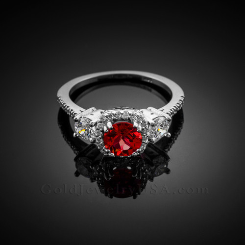 White Gold Ruby Halo Diamond Engagement Ring