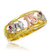 Tri-Tone Gold 15 Anos Quinceanera CZ Ring with Elephants