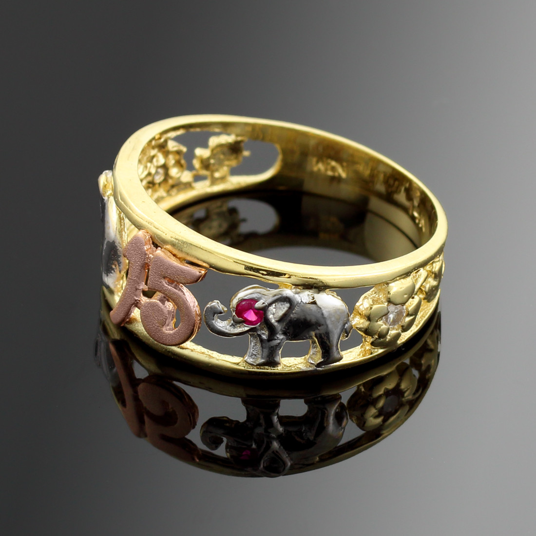 Tri Tone Gold 15 Anos Quinceanera CZ Ring with Elephants