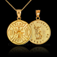 Gold Firefighter Badge Reversible St. Michael Pendant Necklace