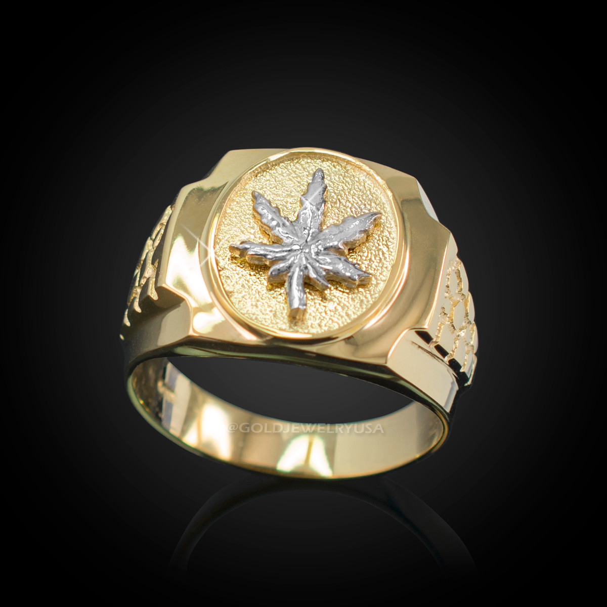 10K Yellow Gold Genuine Diamond Marijuana Leaf Men's Custom Ring .55ct 11MM 