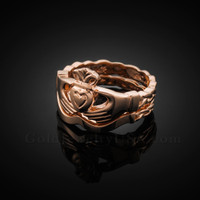 2pc Rose Gold Claddagh Engagement Ring with Trinity Band