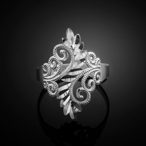 White Gold Filigree Diamond Cut Ring