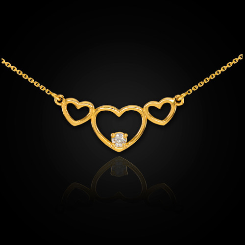 14K Gold Triple Heart Necklace with CZ