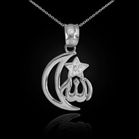 White Gold Diamond Crescent Moon Allah Pendant Necklace