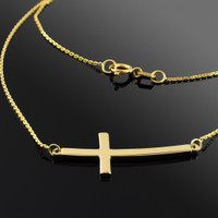 14K Solid Gold Sideways Curved Cross Necklace