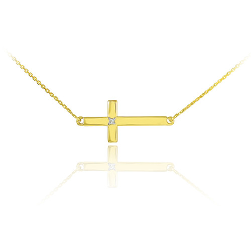 14K Gold Sideways Cross Cute Diamond Necklace