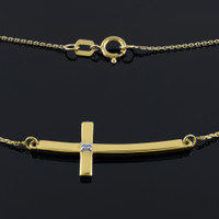14K Gold Sideways Curved Diamond Cross Necklace