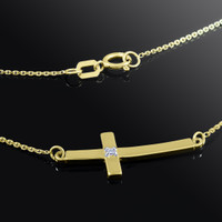 14K Gold Sideways Small Curved Diamond Cross Pendant Necklace