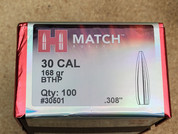 Hornady BTHP .308 Caliber 168 Grain Projectiles, 1 Box of 100. #30501