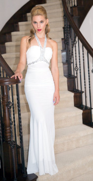 Atina Collection White beaded Halter top Evening Dress